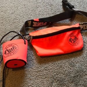 Hot pink fanny pack and koozie